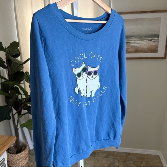 Modcloth Size M Blue Cool Cats Not Cat Calls Long Sleeve Sweatshirt - Picture 3 of 8